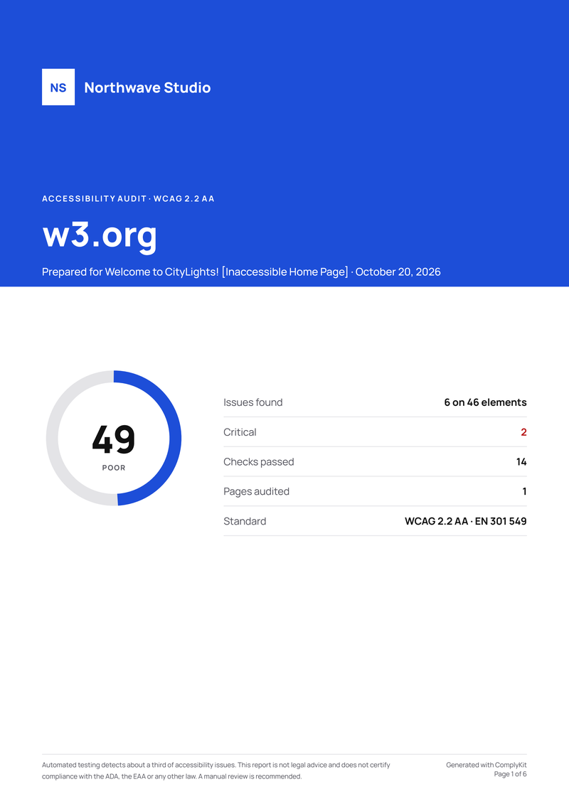 Cover page of an exported report with the agency's logo, color and the overall score.